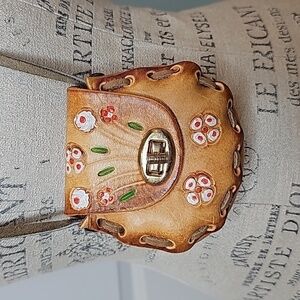 Handcrafted In Mexico Mini Leather Painted Floral Design Pouch/Bag - OS